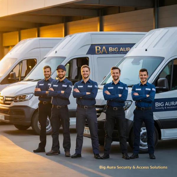 Big Aura Security & Access Solutions team in front of branded vehicles